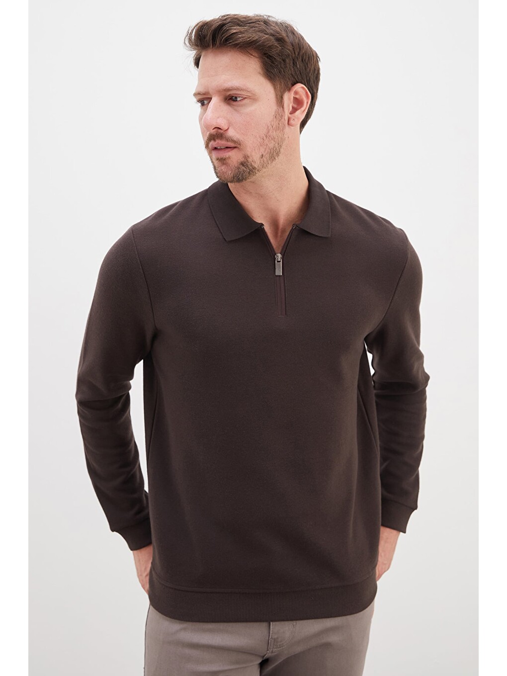 Kahverengi Fitilli Polo Yaka Yarım Fermuarlı Selanik Örme Sweatshirt-4