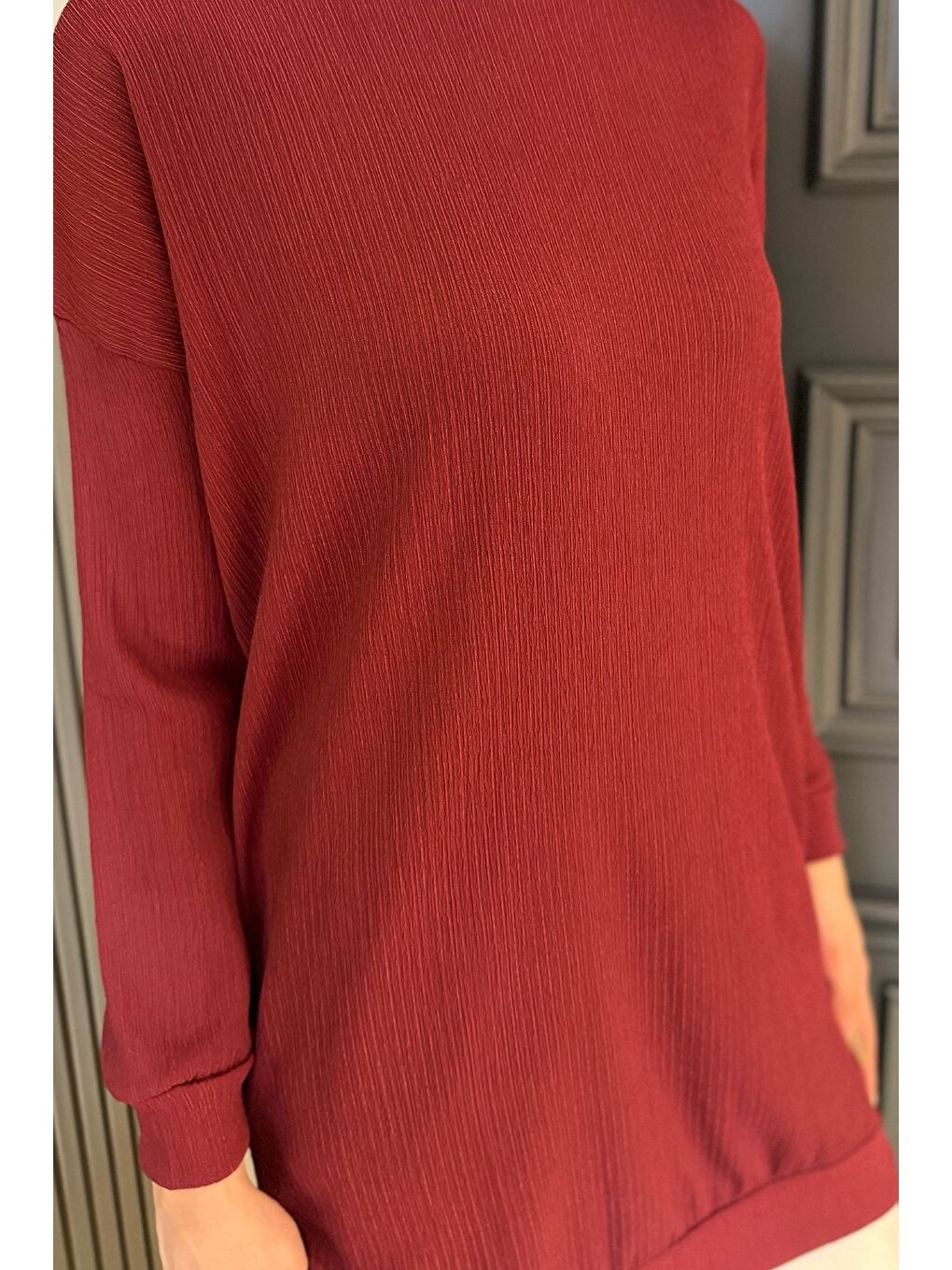 Bordo Kadın Bisiklet Yaka Yırtmaç Detaylı Bürümcük Tesettür Tunik-4