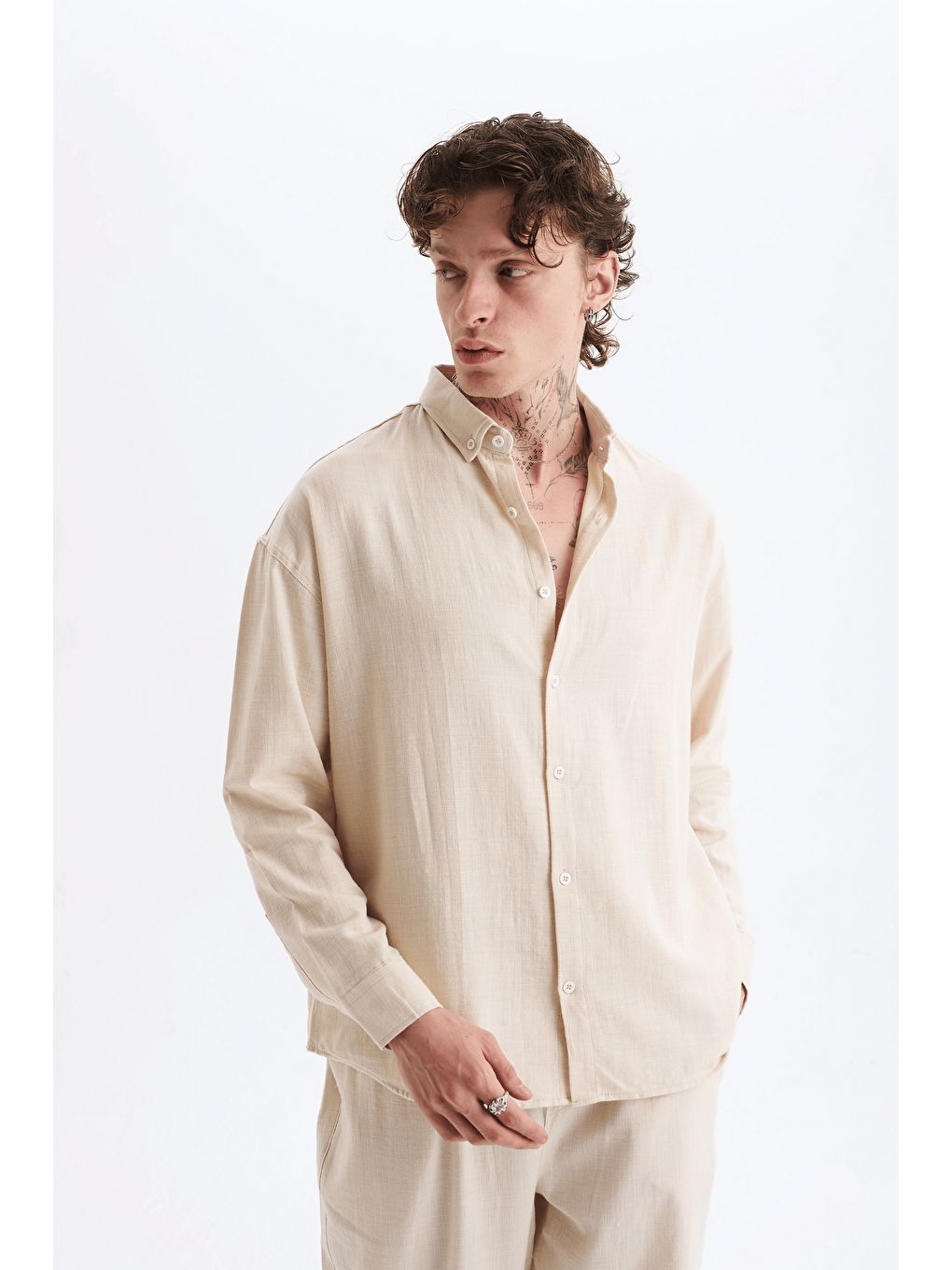 Erkek %100 Pamuklu Keten Görünümlü Pantolon Gömlek Takım Bej-3