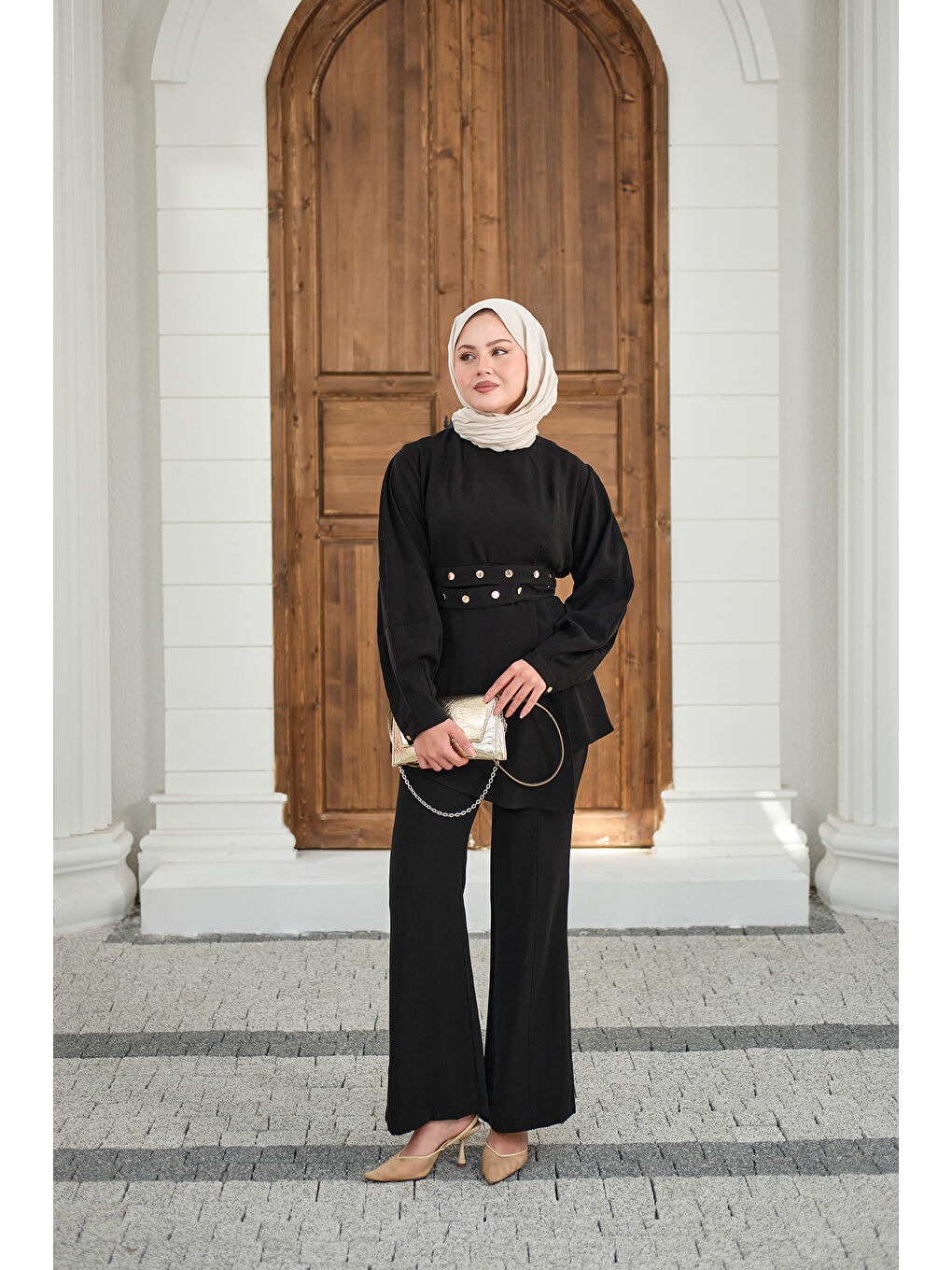 Kadın Gold Çıtçıt Kemerli Pantolonlu Takım Siyah-4