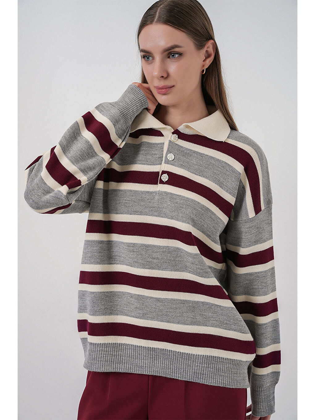 Kadın Çizgili Polo Yaka Triko Kazak 15952 - Gri-1