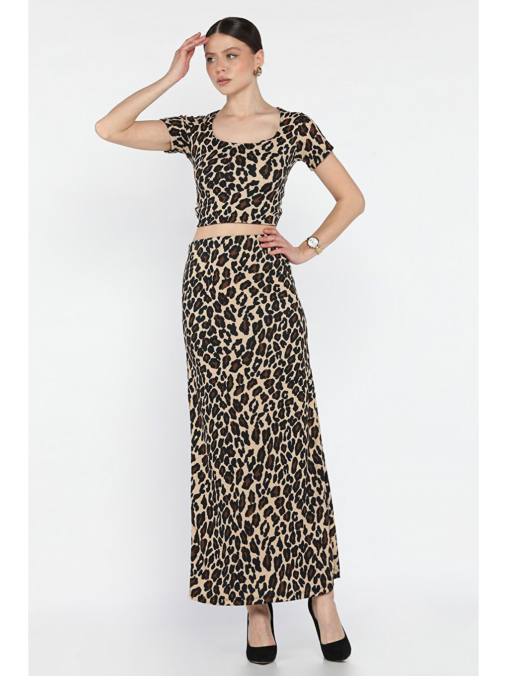 Bej Kadın Leopar Desenli Bel Lastikli Bürümcük Etek-1