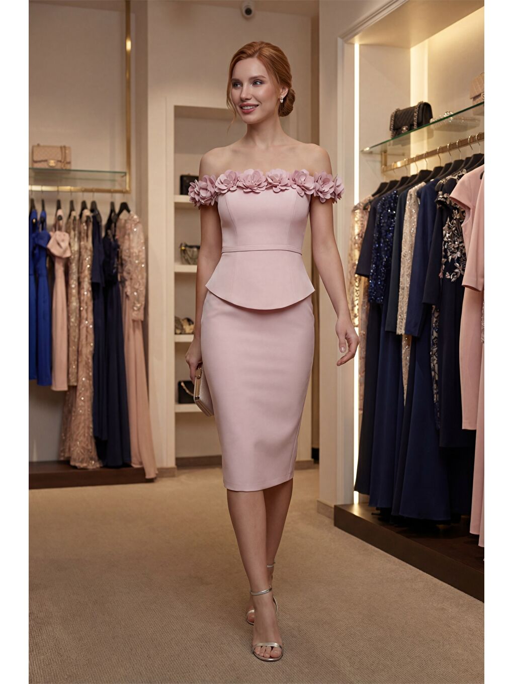 Pembe Kadın Pudra Kayık Yaka Çiçek Detaylı Midi Söz Nişan Nikah Abiye Elbise-4