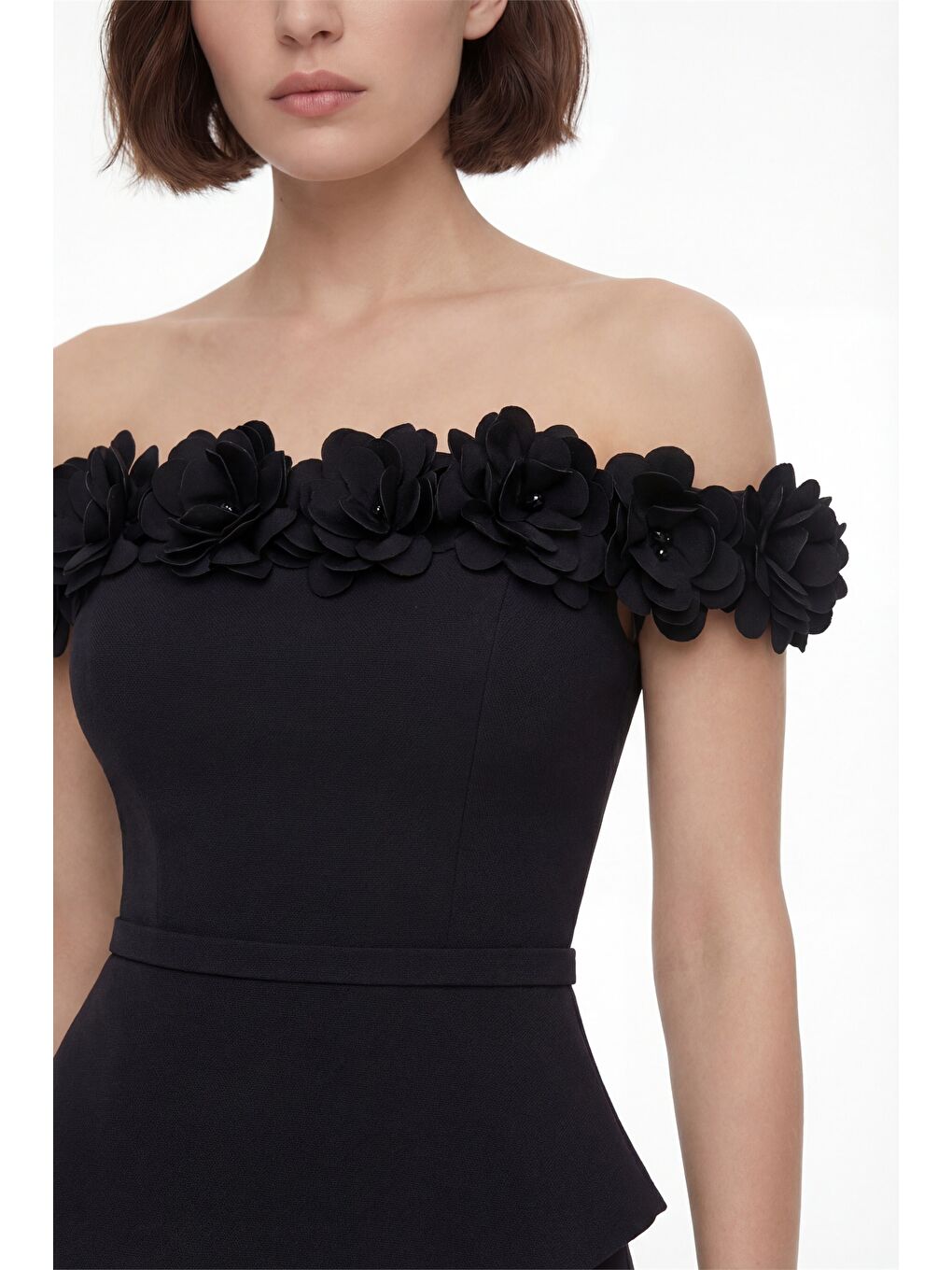 Kadın Siyah Kayık Yaka Çiçek Detaylı Midi Söz Nişan Nikah Abiye Elbise-2