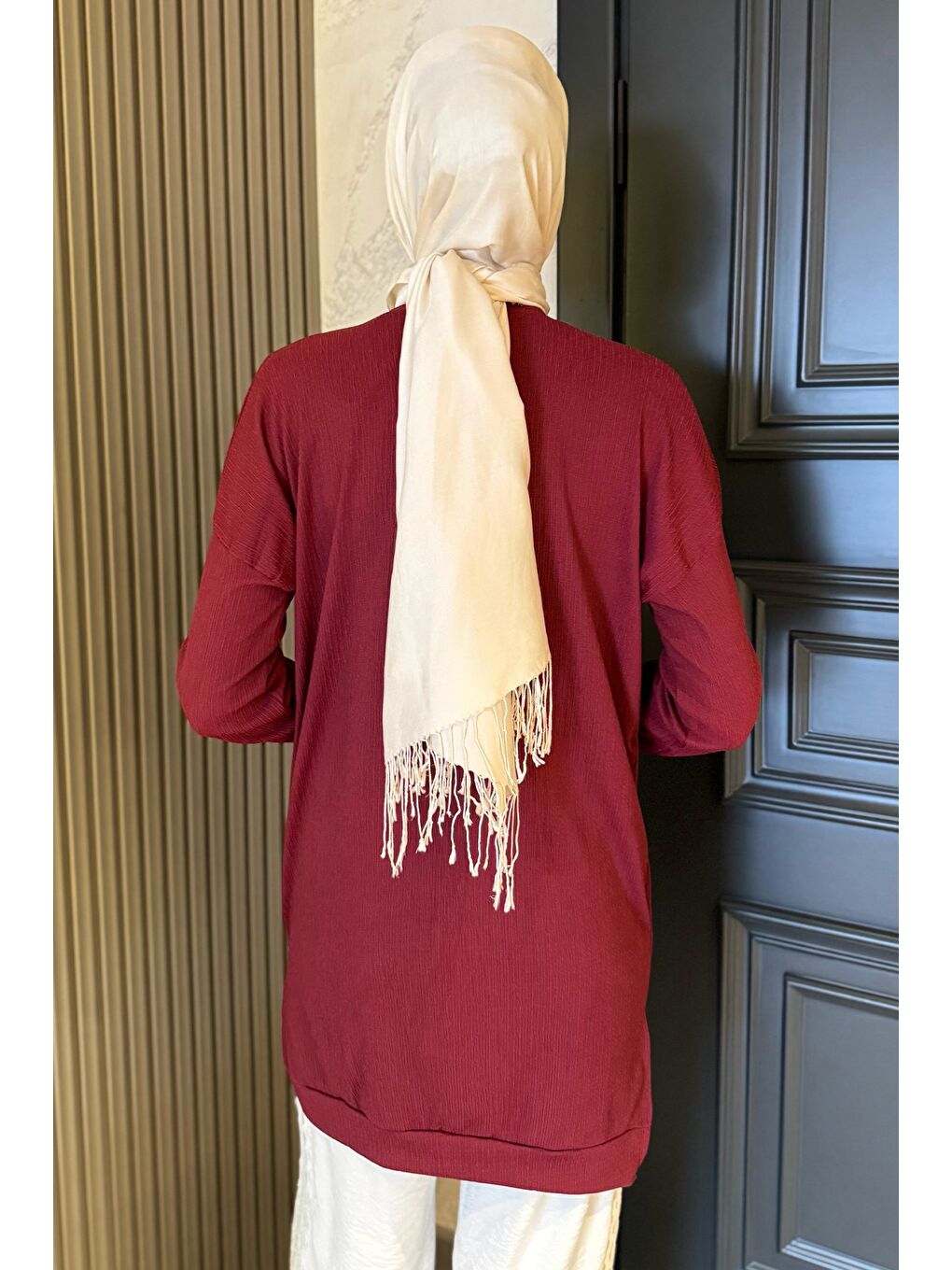 Bordo Kadın Bisiklet Yaka Yırtmaç Detaylı Bürümcük Tesettür Tunik-6