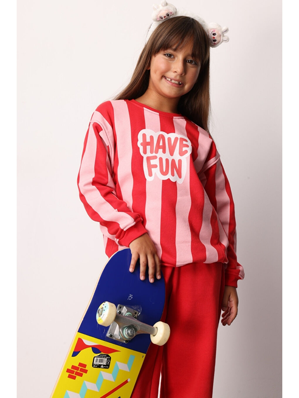 Kırmızı Have Fun Baskılı Çizgili Kız Çocuk Eşofman Takımı - Phoebe-1