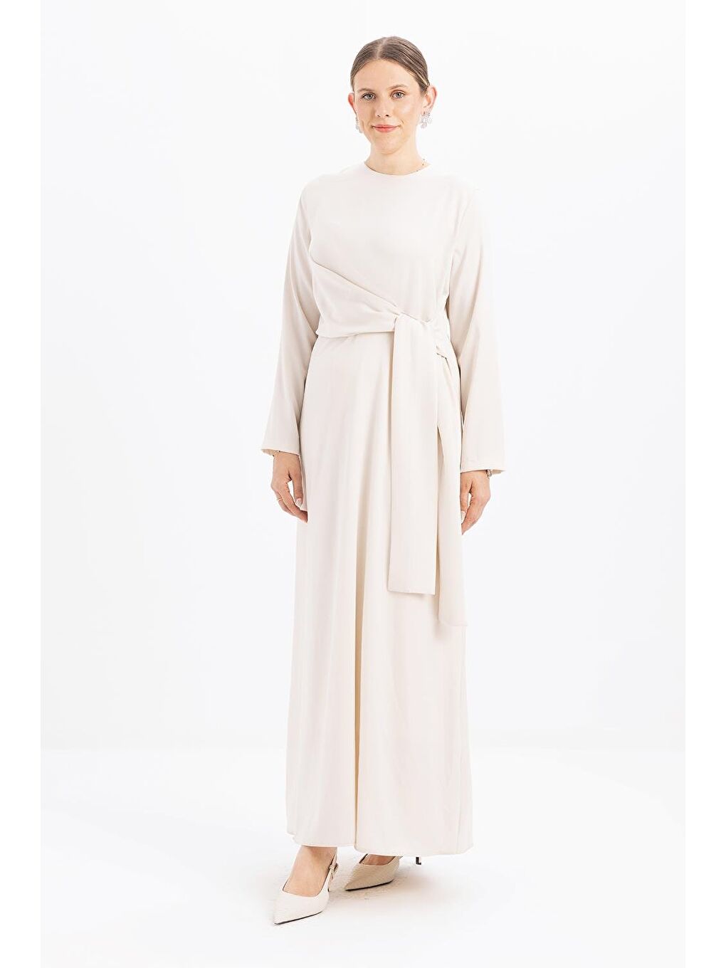 Bej Kemik-Kuşaklı Saten Elbise-1