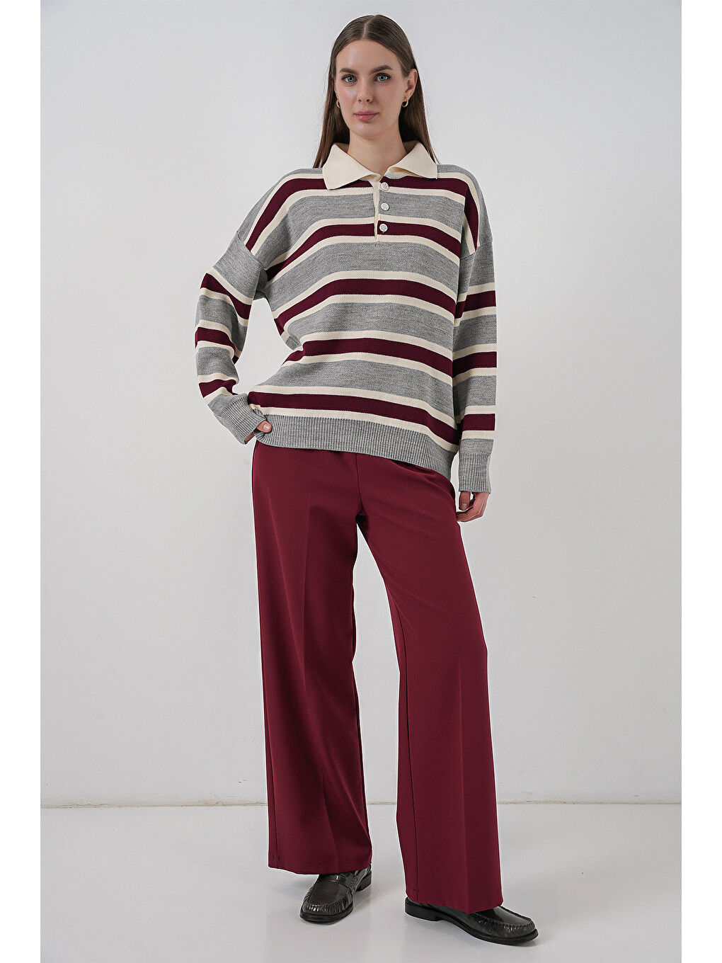 Kadın Çizgili Polo Yaka Triko Kazak 15952 - Gri-2