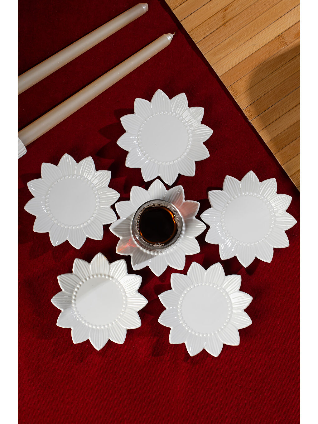 2338 Güneş Motifli 6lı Porselen Çay Tabağı Seti Beyaz - 11,5cm-1