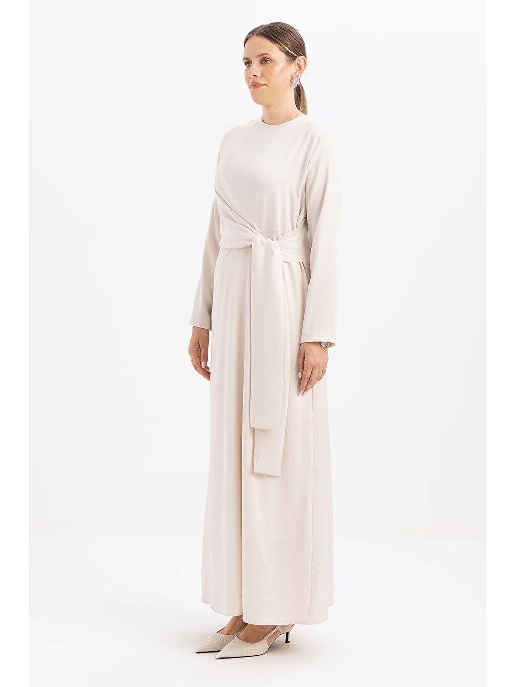 Bej Kemik-Kuşaklı Saten Elbise-2