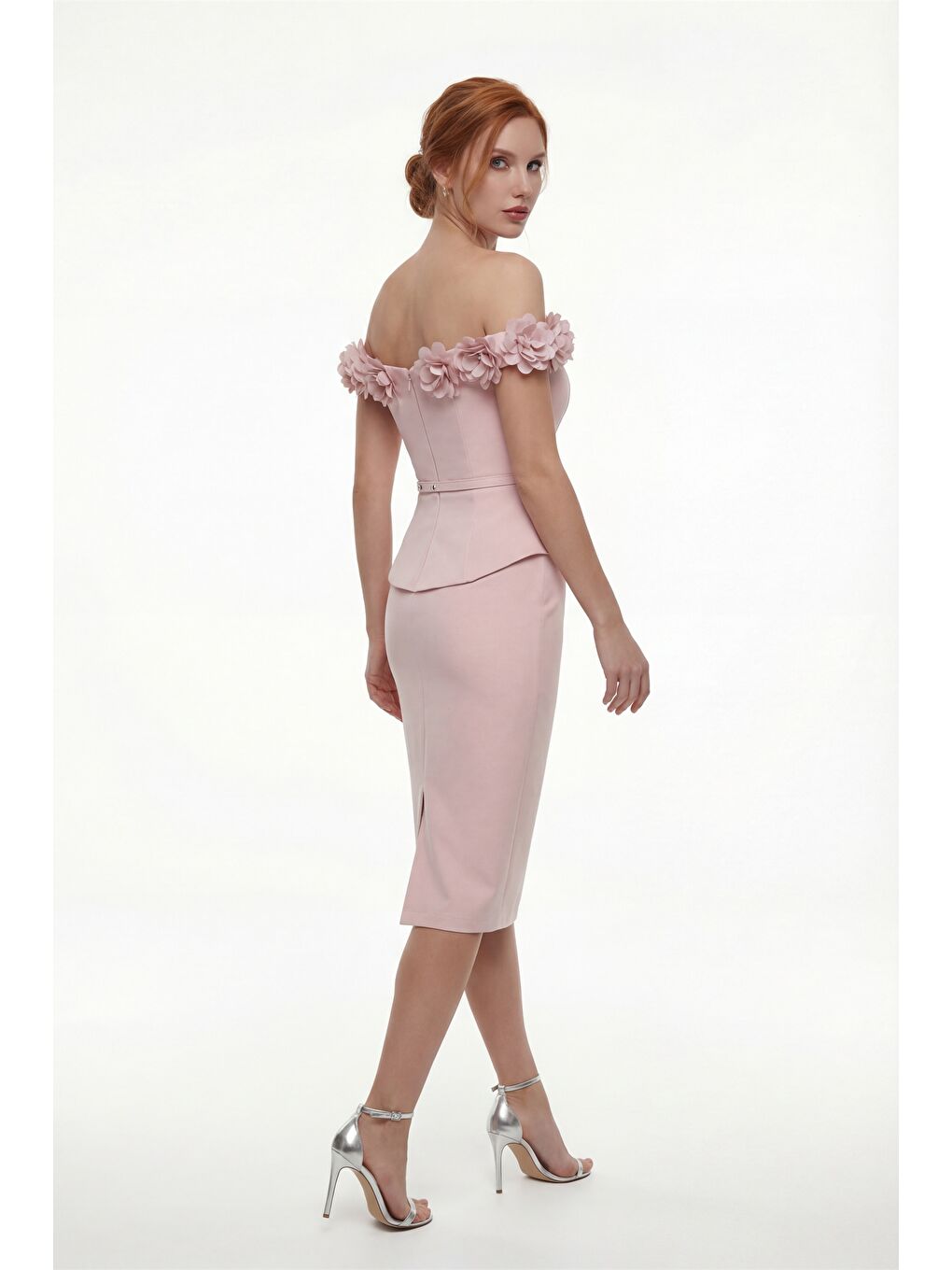 Pembe Kadın Pudra Kayık Yaka Çiçek Detaylı Midi Söz Nişan Nikah Abiye Elbise-5