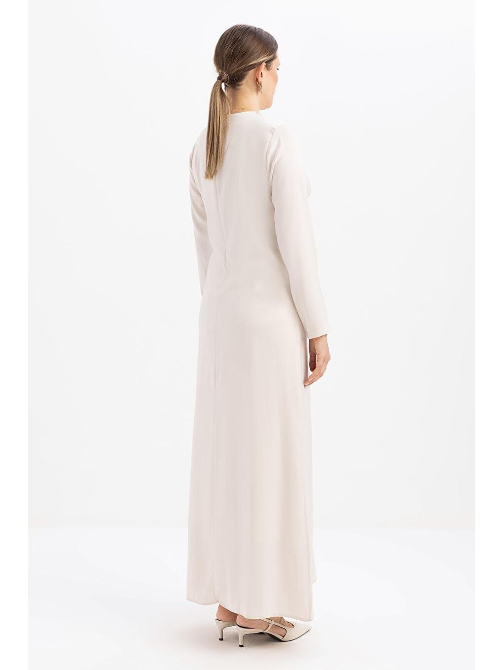 Bej Kemik-Kuşaklı Saten Elbise-3