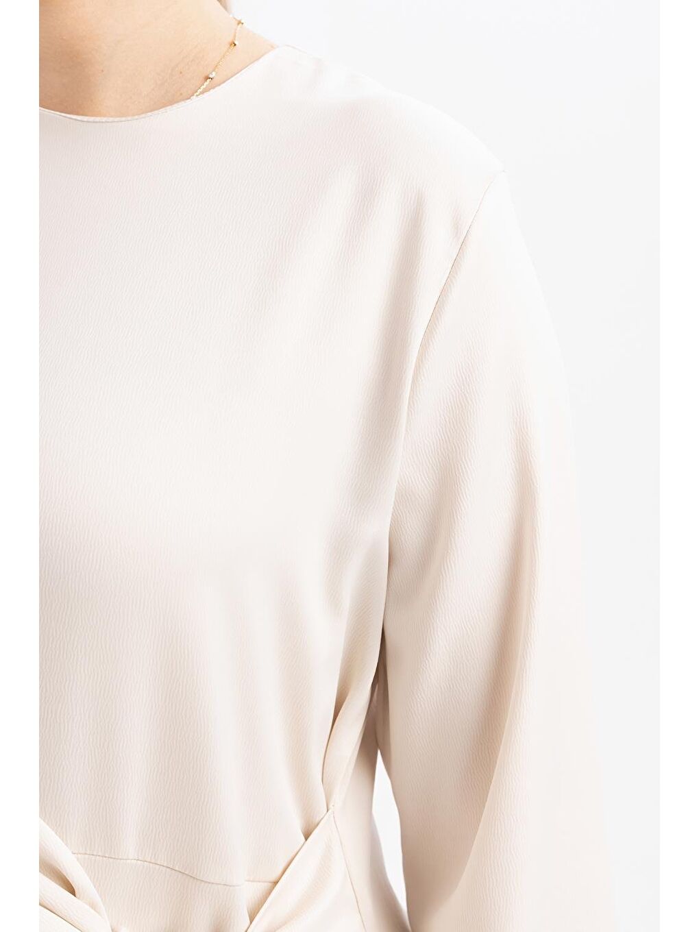 Bej Kemik-Kuşaklı Saten Elbise-4