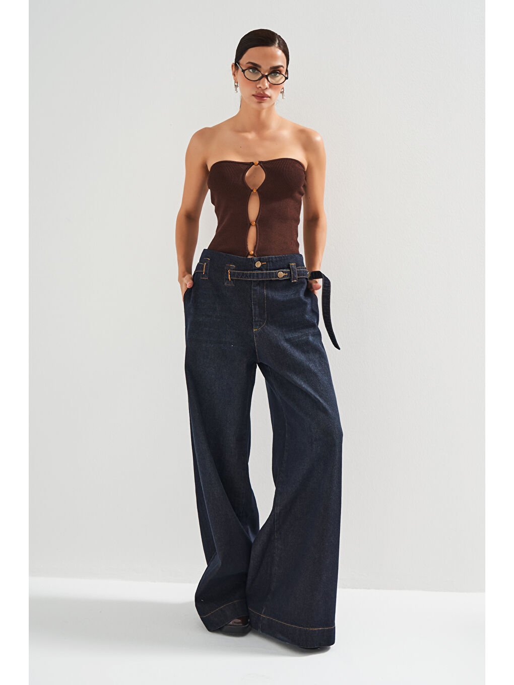 Beyaz Kadın Koyu Jean Rengi 2w5-128 Süper Palazzo Fit %100 Pamuk Kemer Detaylı İç Boy 83cm Denim Jean-2