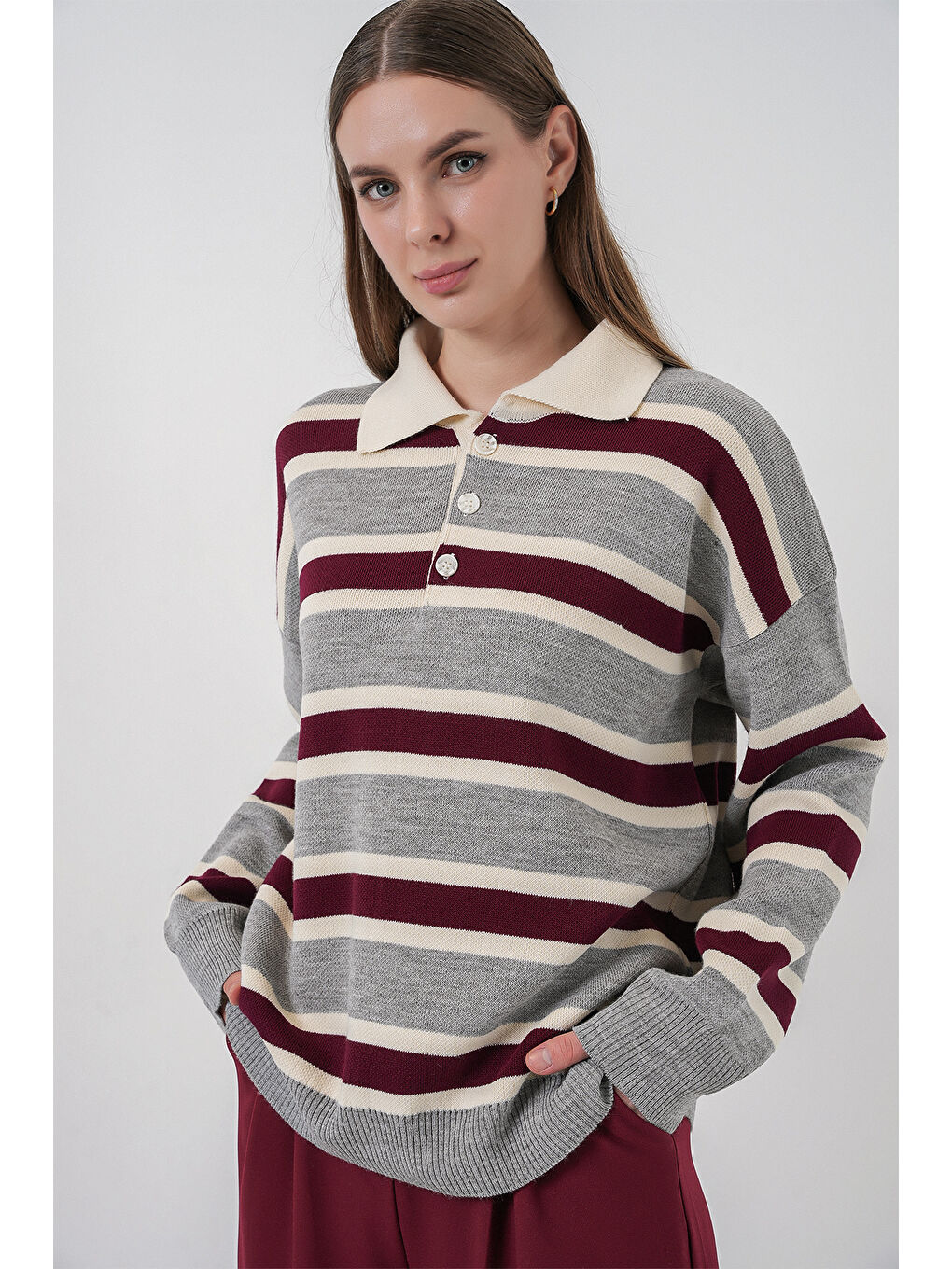 Kadın Çizgili Polo Yaka Triko Kazak 15952 - Gri-3