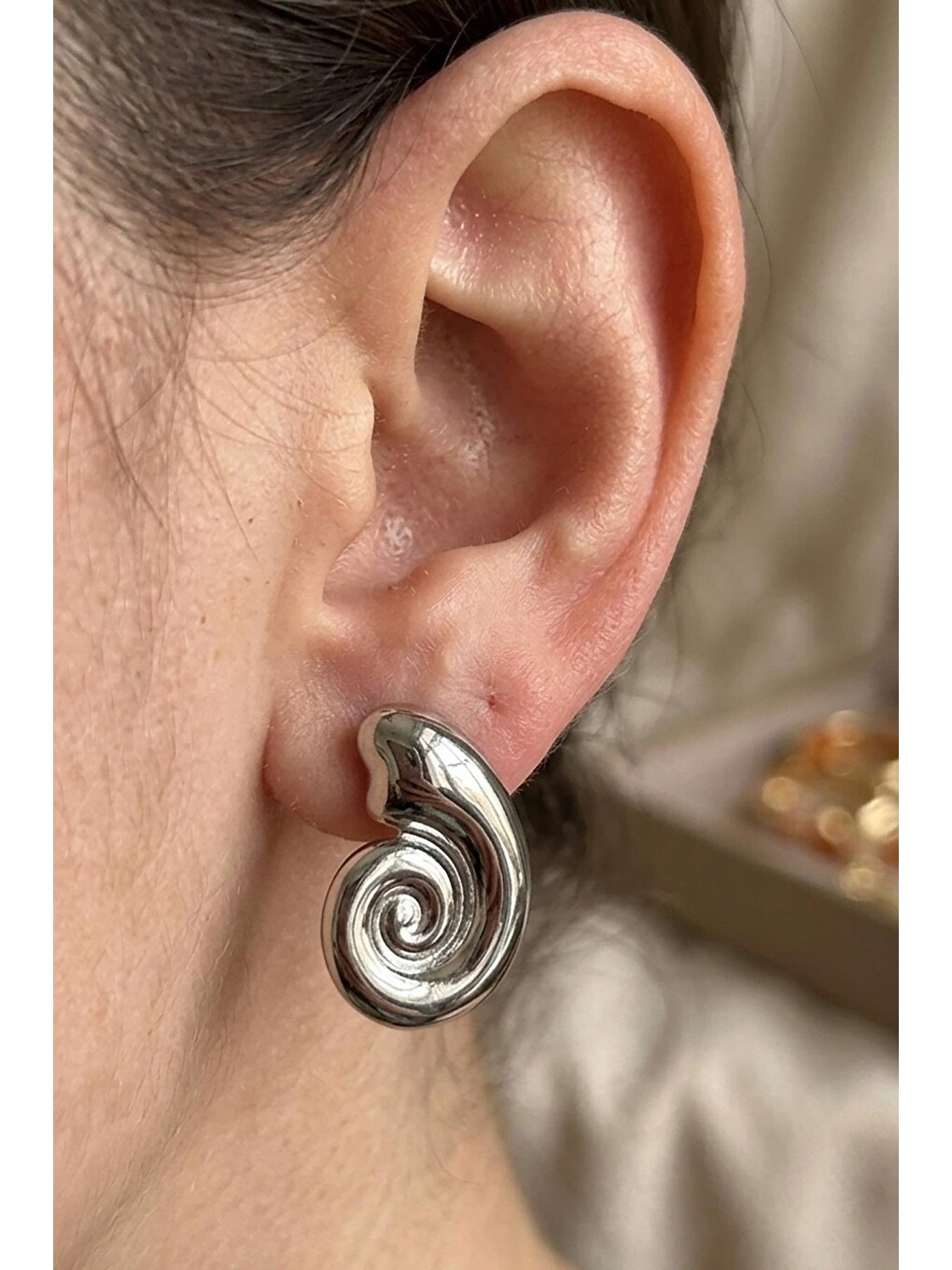 Gri Snail Gümüş Rengi Çelik Küpe-1