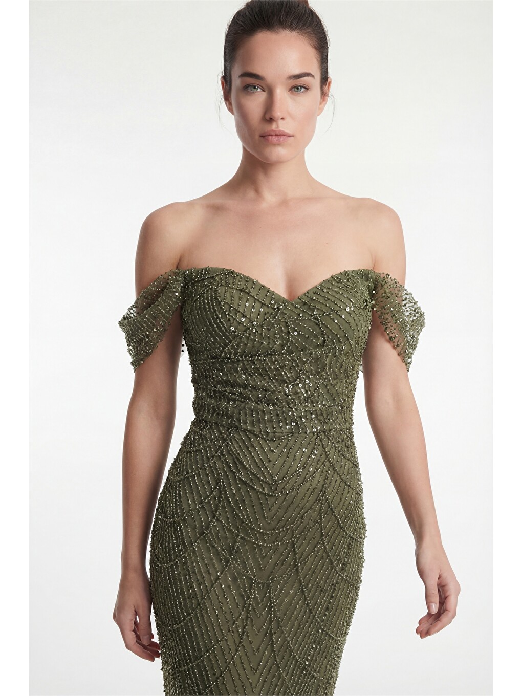 Kadın Haki Dar Kalıp Madonna Yaka Uzun Balık Abiye Elbise-2