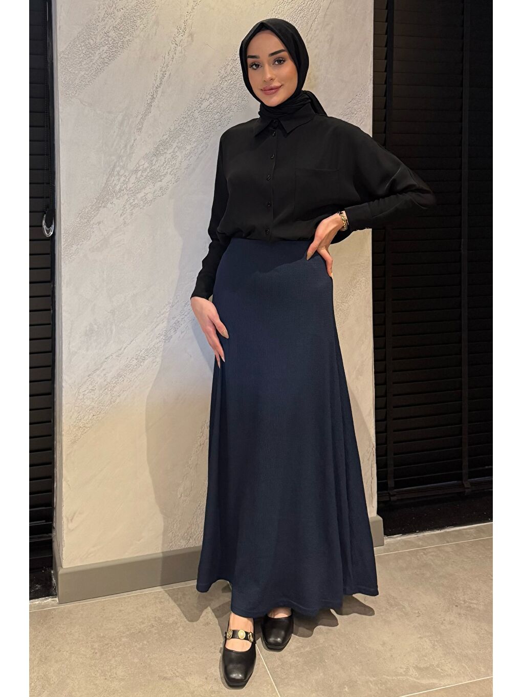 Lacivert Kadın Düz Renk Bel Lastikli Bürümcük Tesettür Kiloş Etek-2