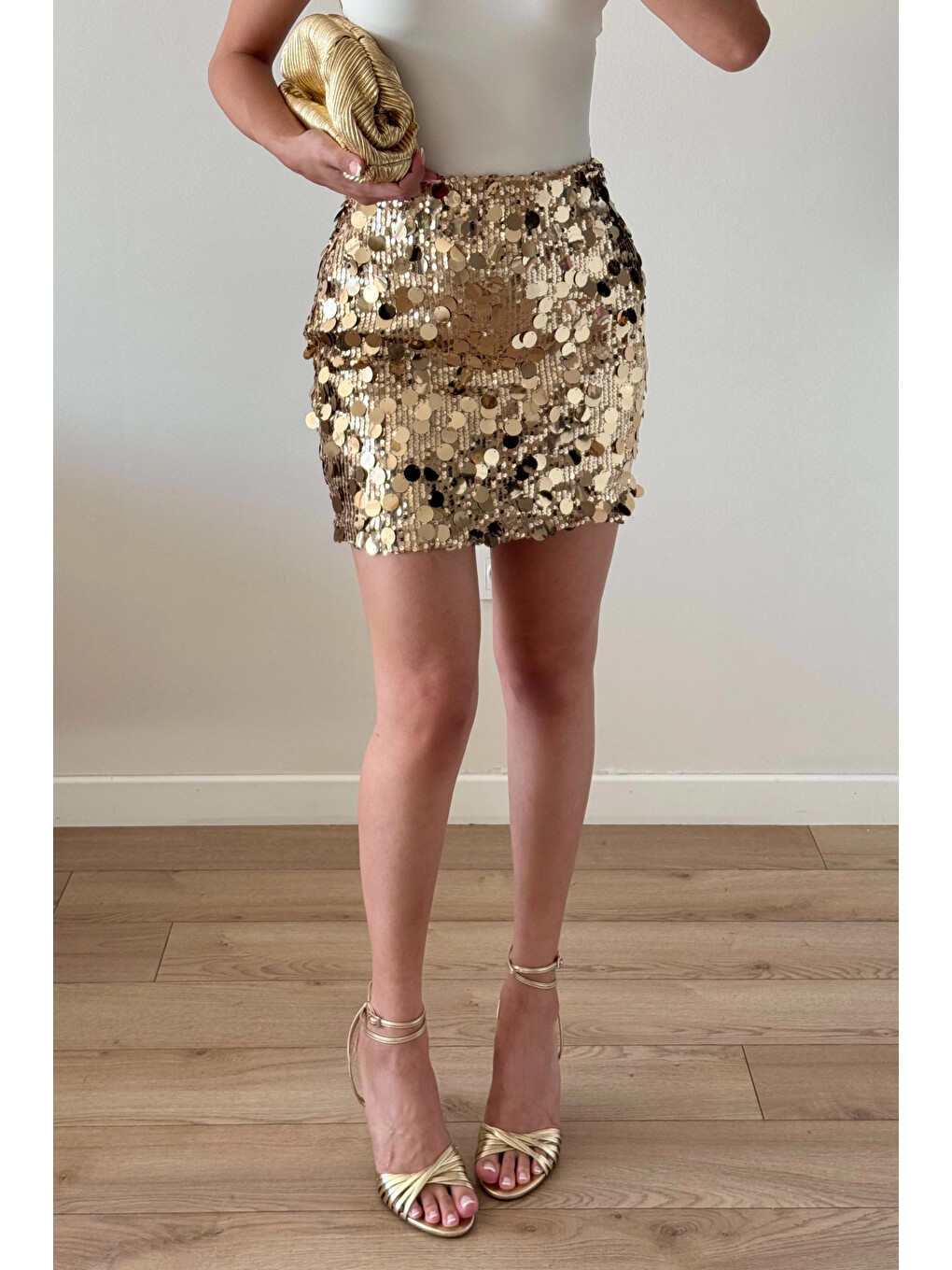 Sarı Kadın Gold Payetli Mini Etek 0832-3104-3