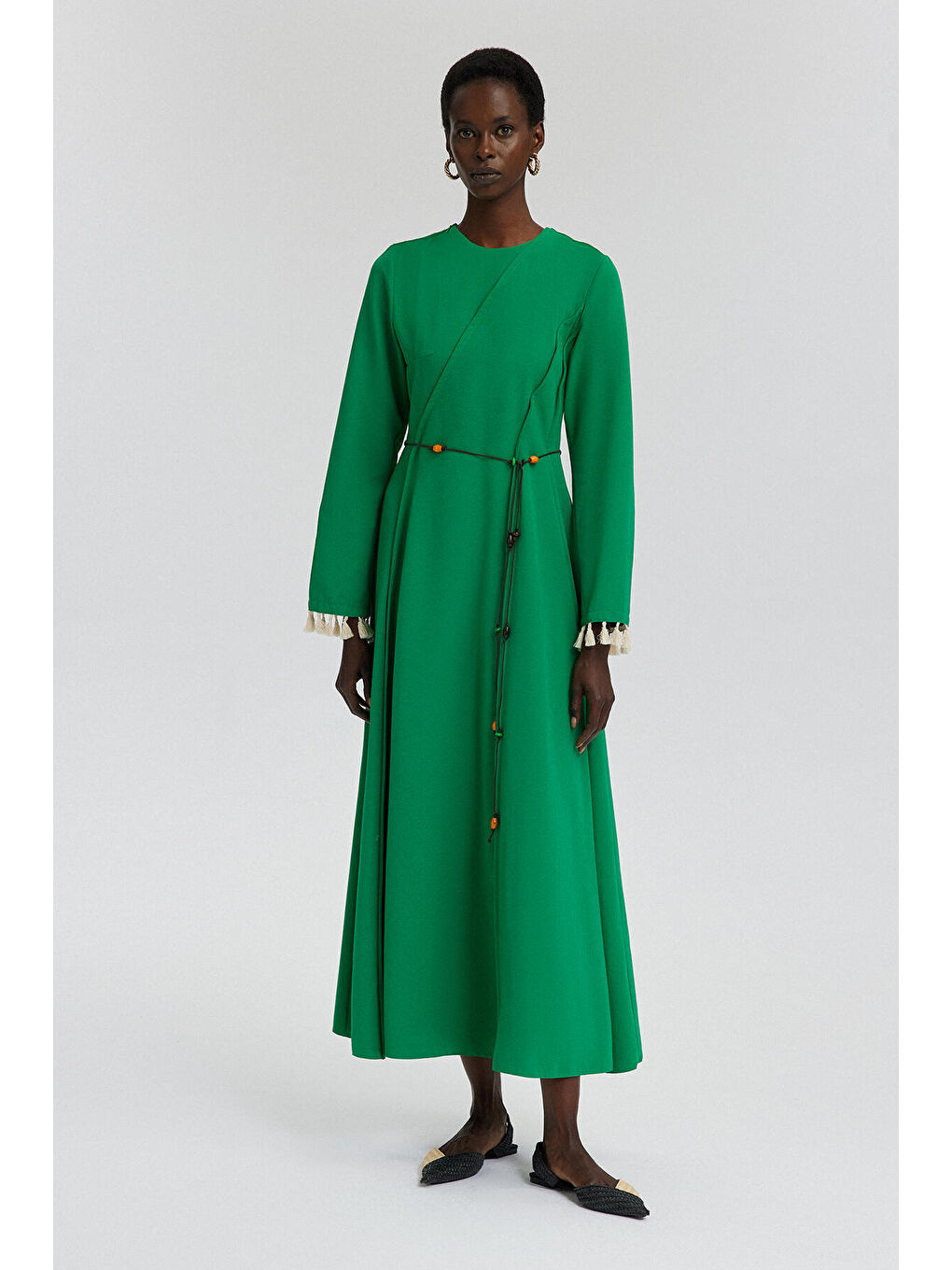 Yeşil Nervür Detaylı Keten Elbise-1