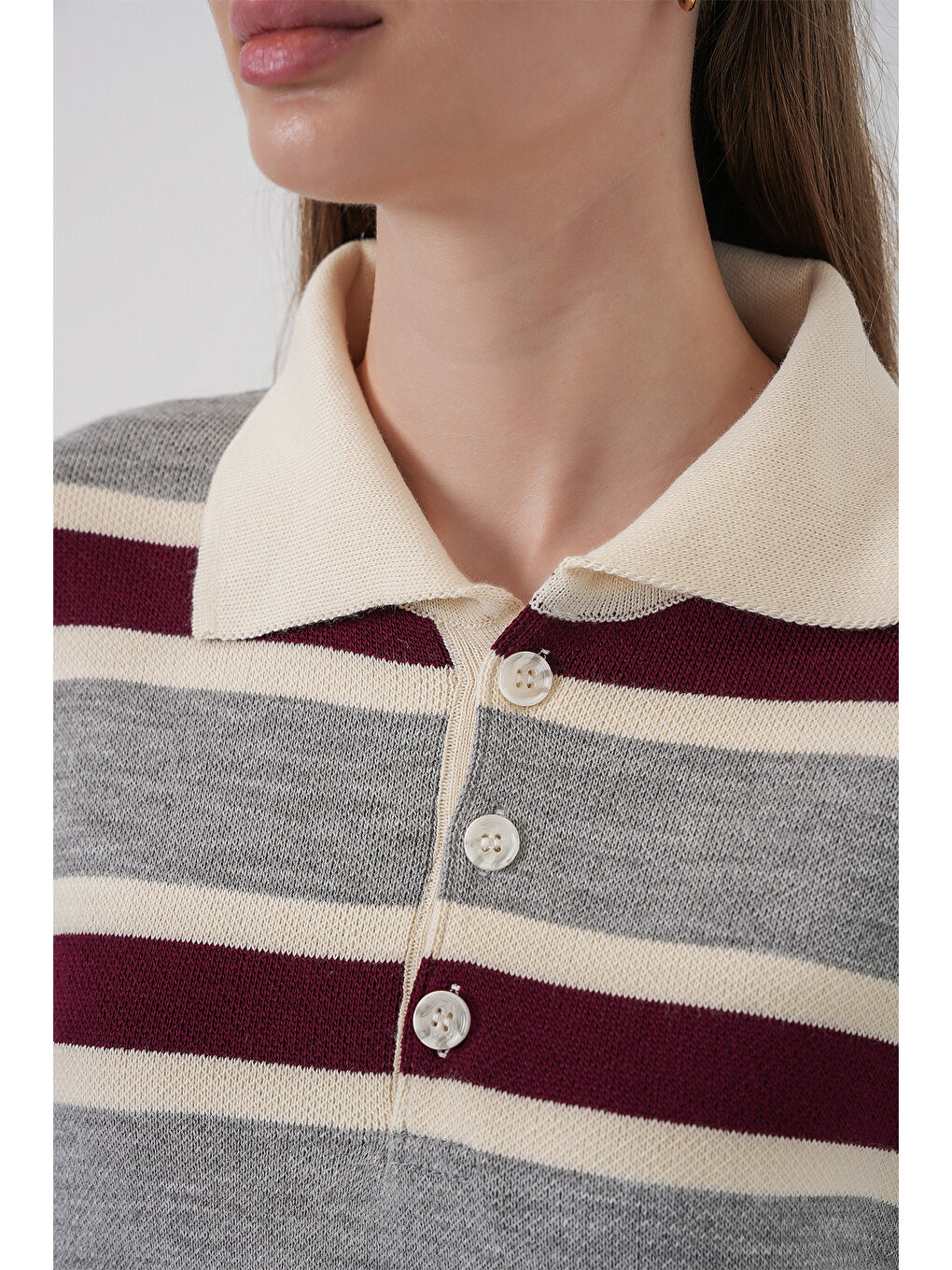 Kadın Çizgili Polo Yaka Triko Kazak 15952 - Gri-4