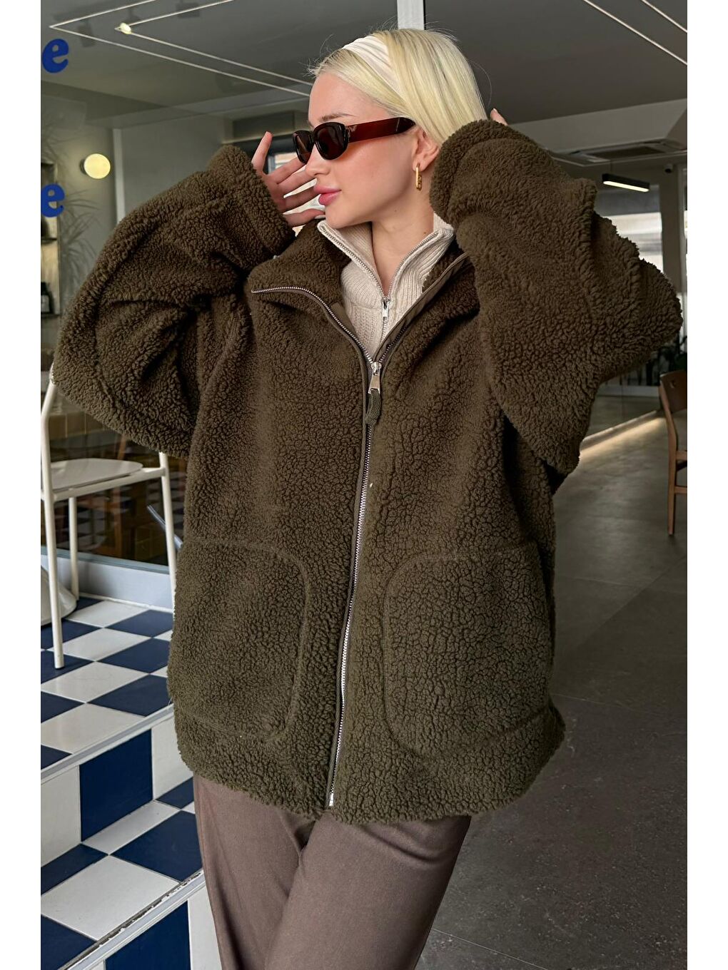 Haki Cepli Kadın Pelüş Mont Mg2530-1