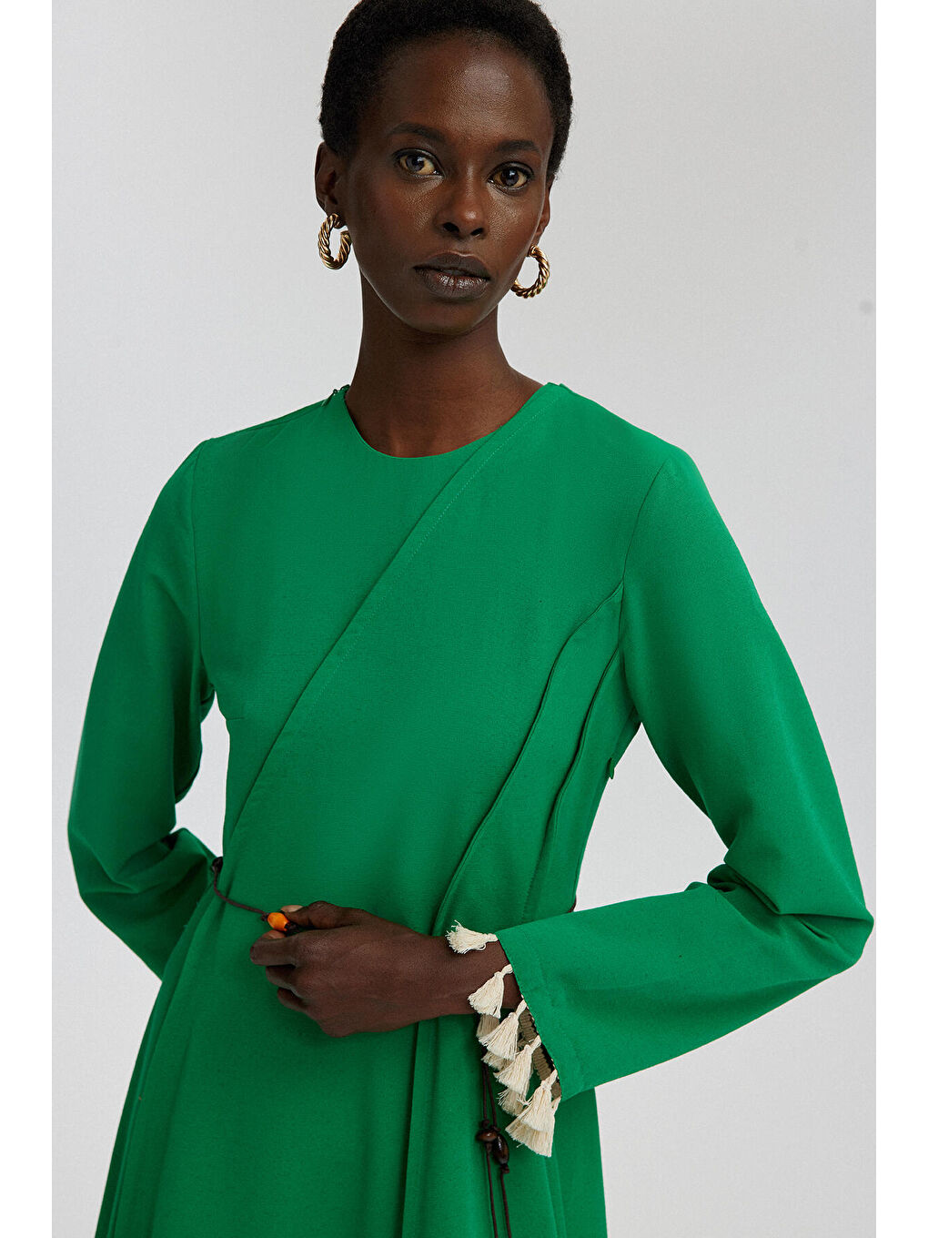 Yeşil Nervür Detaylı Keten Elbise-2