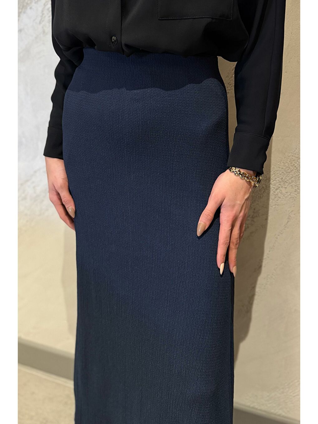 Lacivert Kadın Düz Renk Bel Lastikli Bürümcük Tesettür Kiloş Etek-4