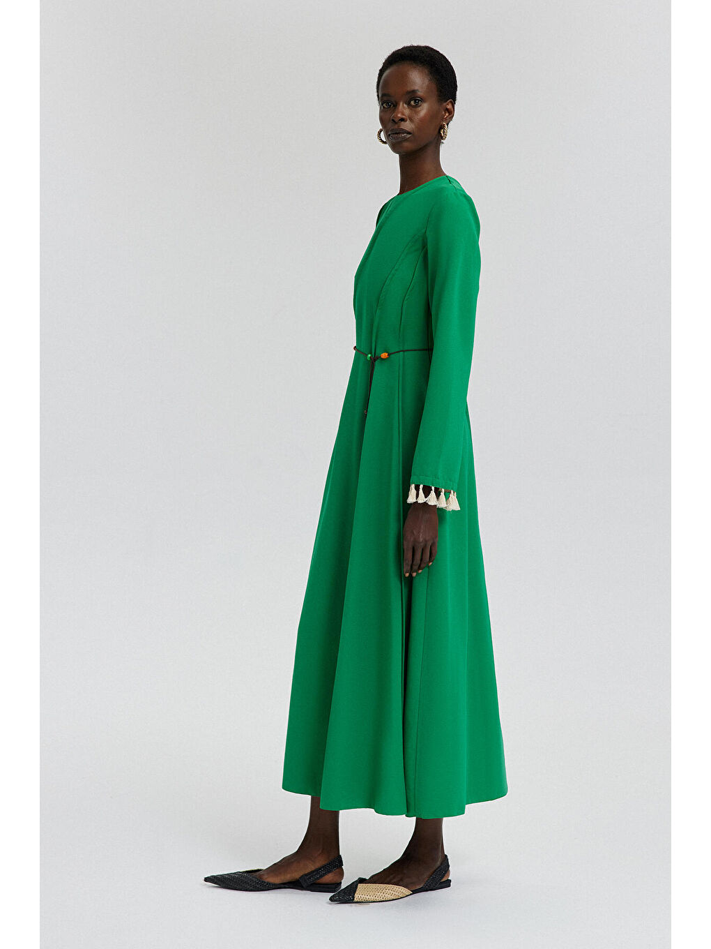 Yeşil Nervür Detaylı Keten Elbise-3