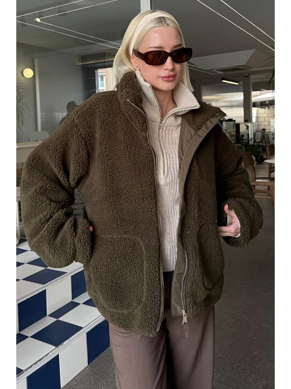 Haki Cepli Kadın Pelüş Mont Mg2530-2