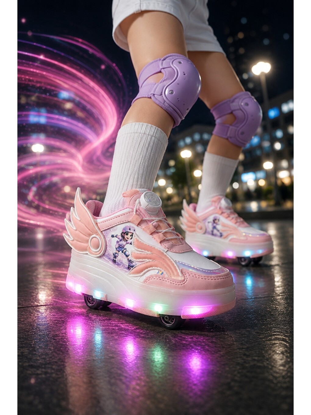 Pembe Wıngs Çocuk Kanat Detaylı Işıklı Patenli Tekerlekli Sneaker Spor Ayakkabı-4