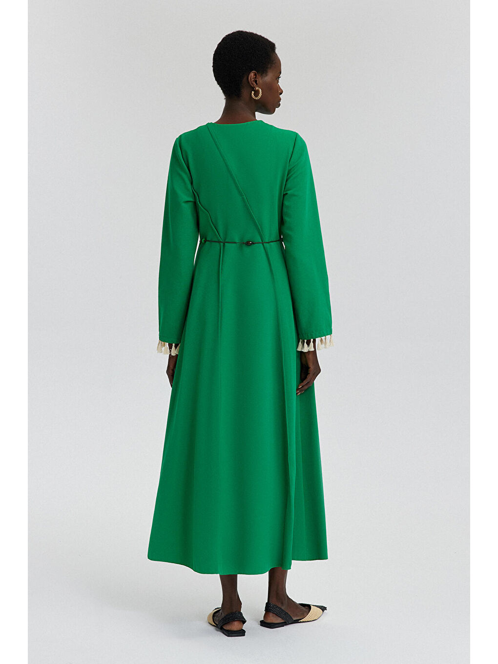 Yeşil Nervür Detaylı Keten Elbise-4