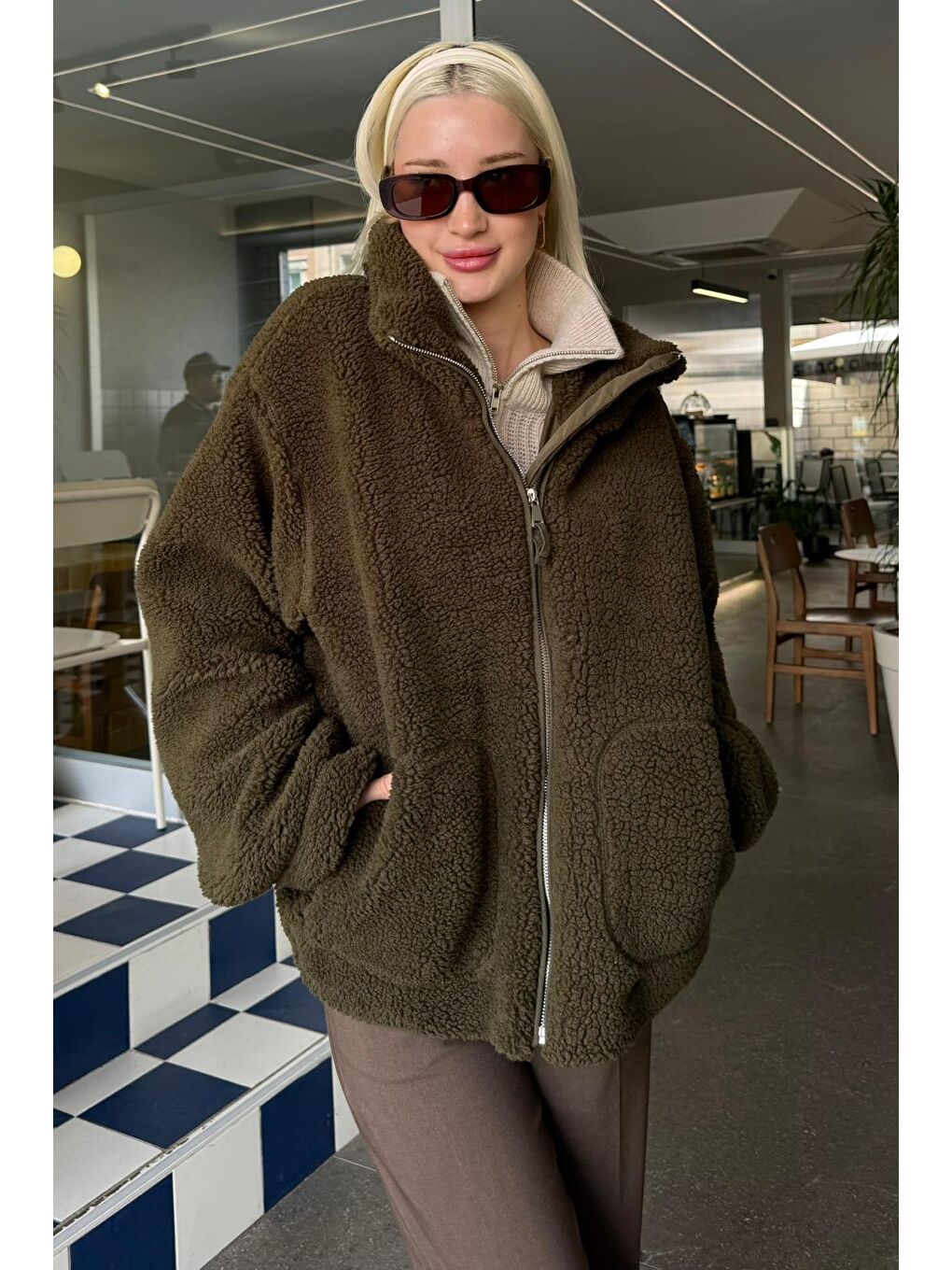 Haki Cepli Kadın Pelüş Mont Mg2530-3