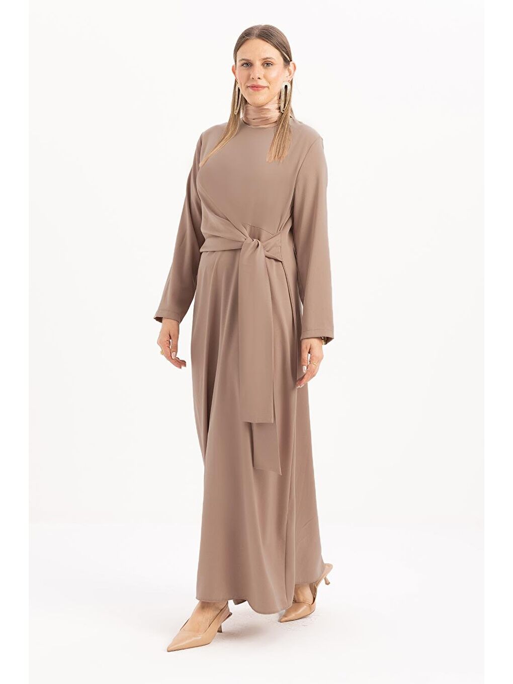 Sarı Vizon-Kuşaklı Saten Elbise-1