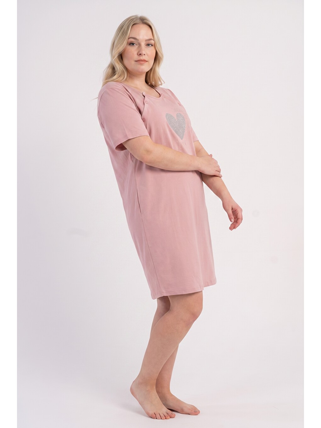 Pembe Büyük Beden Çıtçıtlı Penye Lohusa Anne Pijaması-3