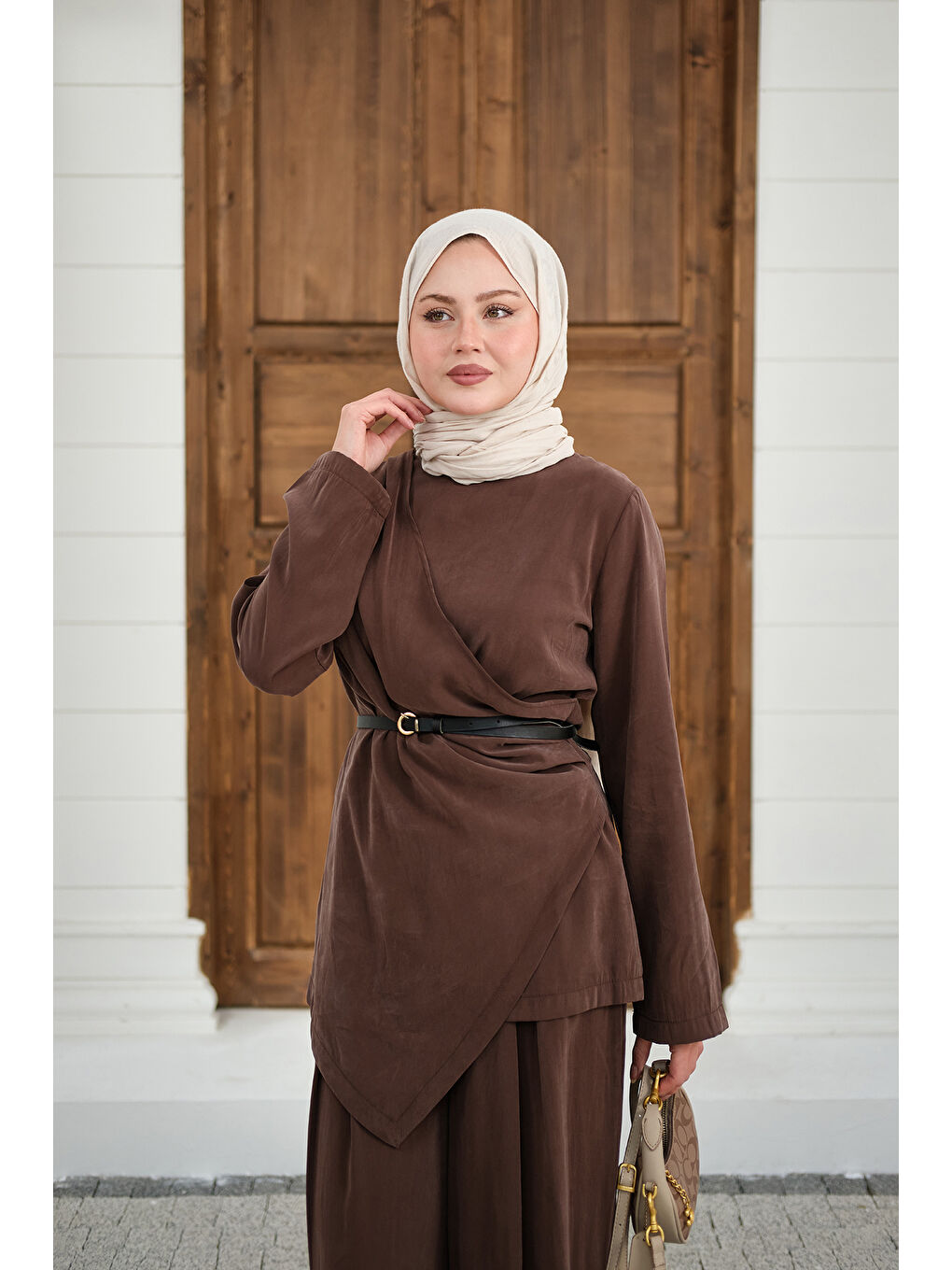 Kadın Yandan Dikişli Parça Detay Pantolonlu Takım Kahverengi-2