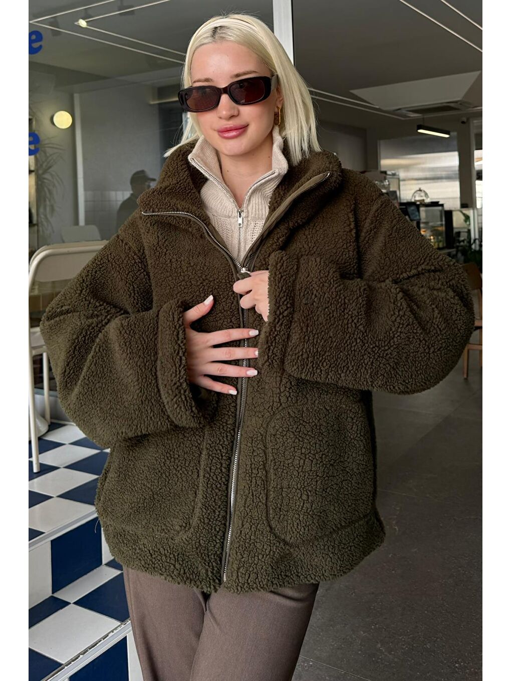 Haki Cepli Kadın Pelüş Mont Mg2530-4