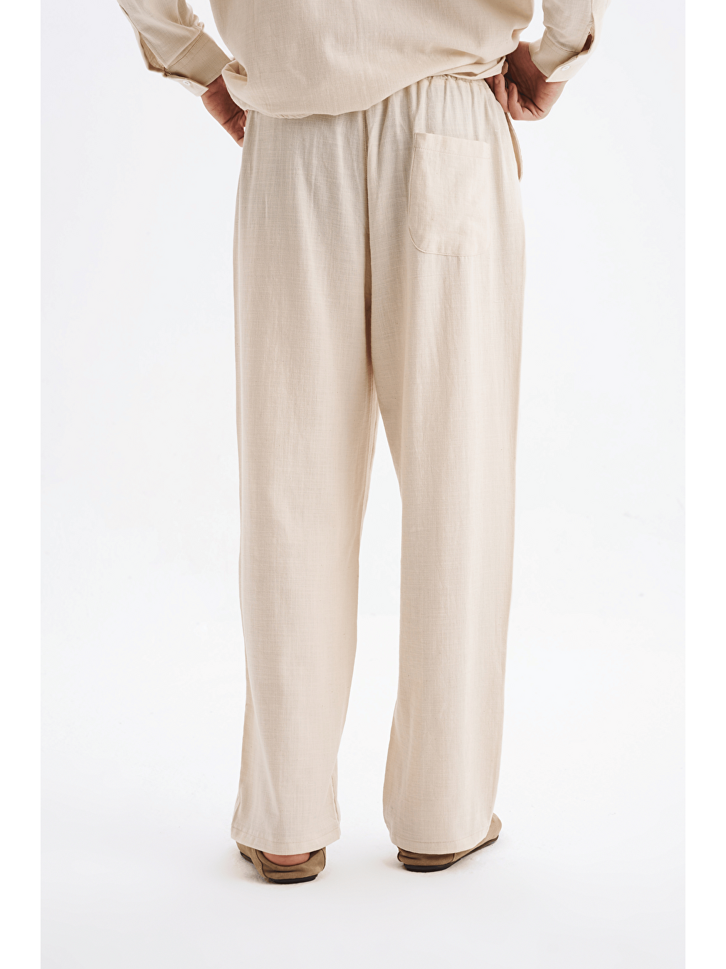 Erkek %100 Pamuklu Keten Görünümlü Pantolon Gömlek Takım Bej-5