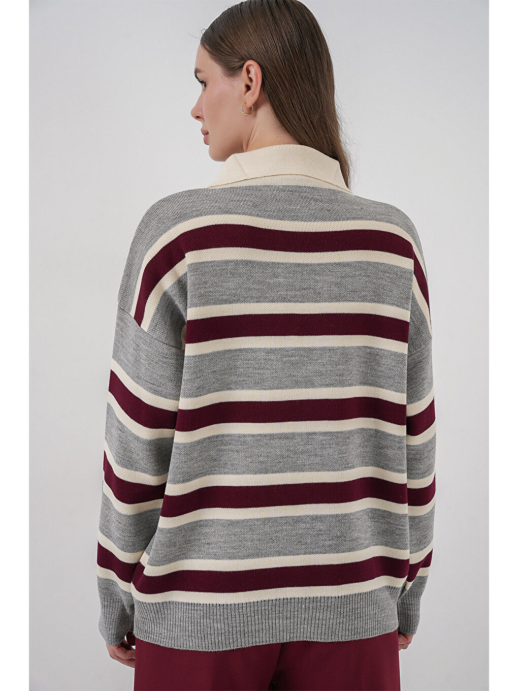 Kadın Çizgili Polo Yaka Triko Kazak 15952 - Gri-5