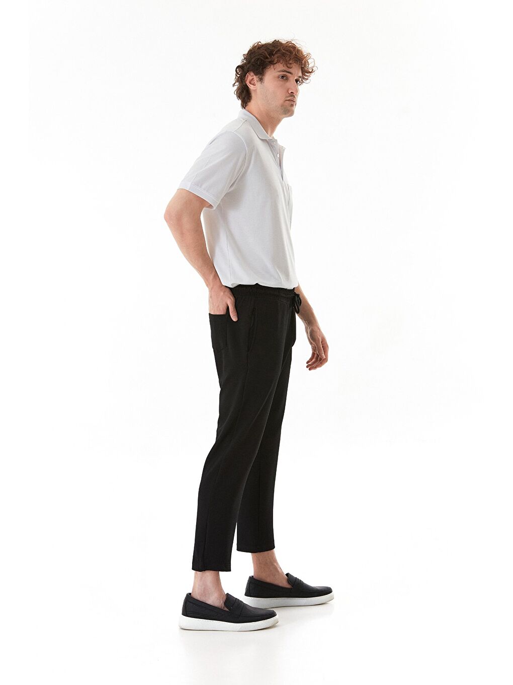 Siyah Waffle Kumaş Beli Lastikli Pantolon-3