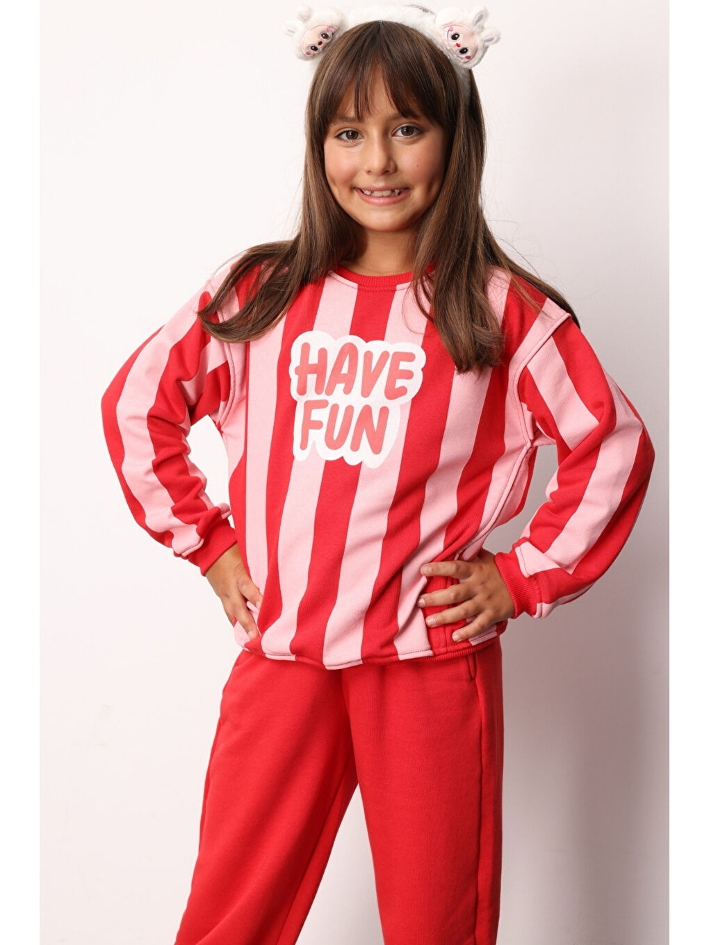 Kırmızı Have Fun Baskılı Çizgili Kız Çocuk Eşofman Takımı - Phoebe-2