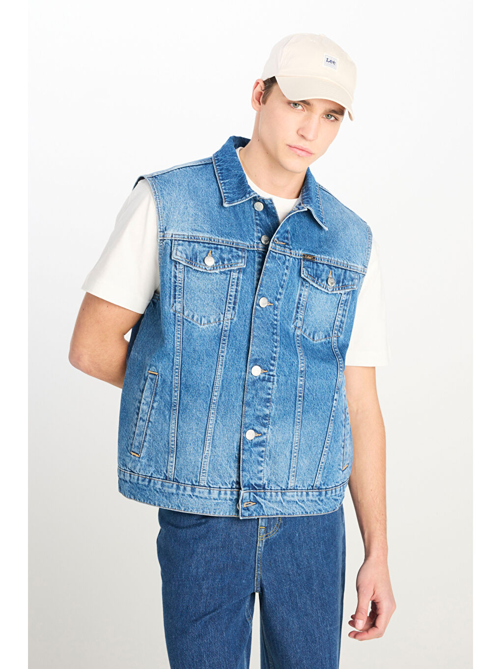İndigo %100 Pamuk Relaxed Fit Geniş Kesim Cep Detaylı Mavi Denim Yelek-1