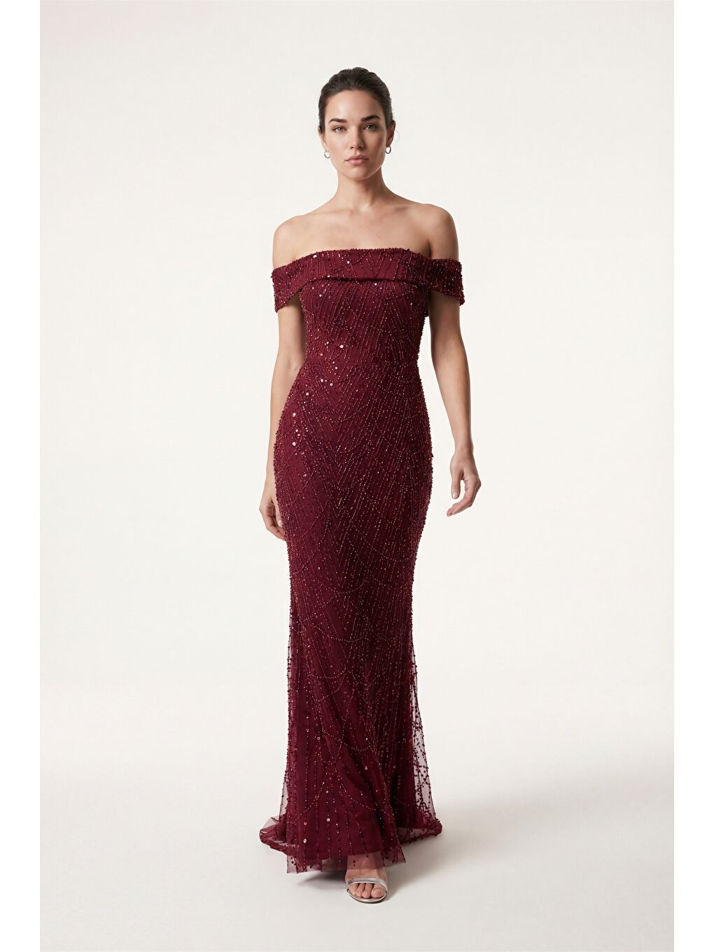 Kadın Bordo Kayık Yaka Boncuklu Uzun Abiye Elbise