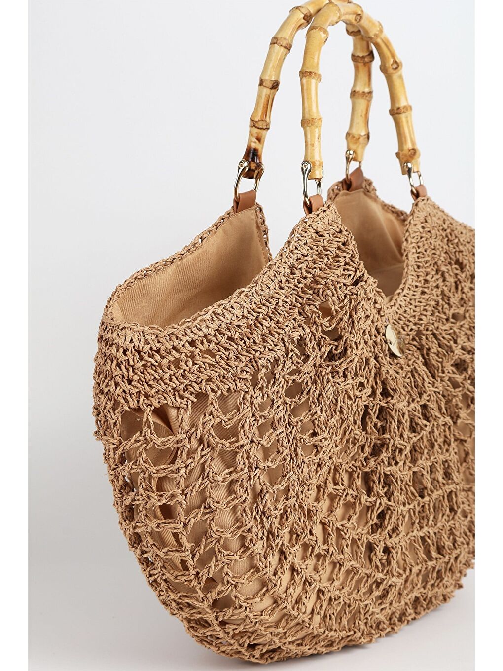 Kahverengi Kemik Saplı Camel Renk Plaj Çantası 1155-3