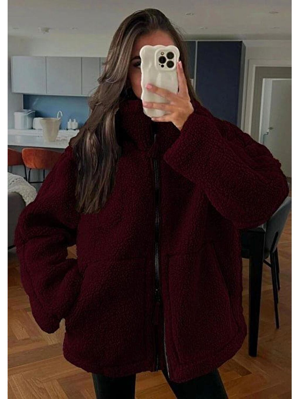 Mürdüm Dik Yakalı Cepli Pelüş Mont Mg1966-3