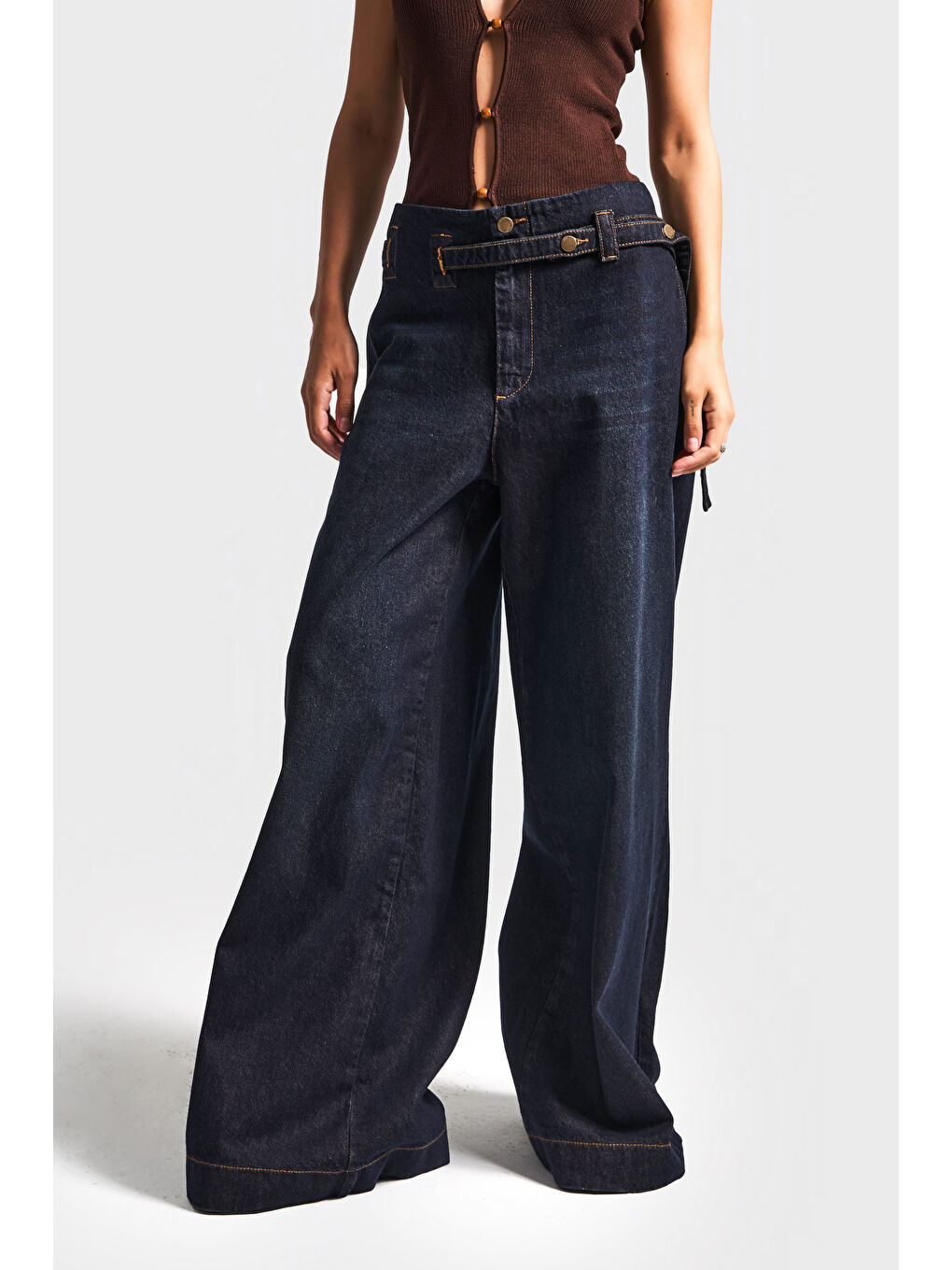 Beyaz Kadın Koyu Jean Rengi 2w5-128 Süper Palazzo Fit %100 Pamuk Kemer Detaylı İç Boy 83cm Denim Jean-3