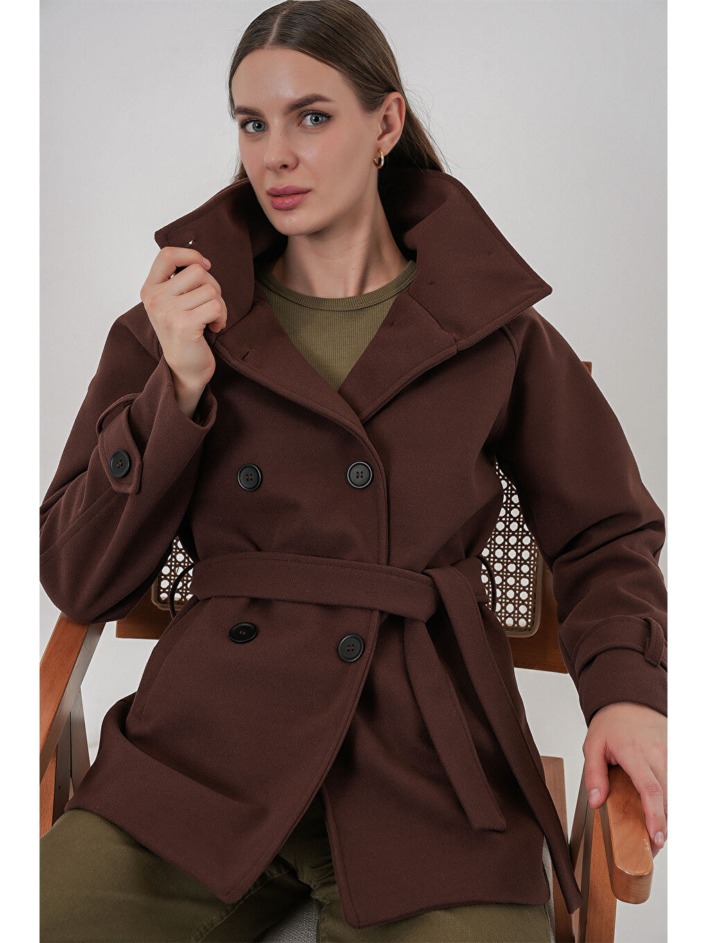 Kadın Kuşaklı Kaşe Kaban 9162 - Kahverengi