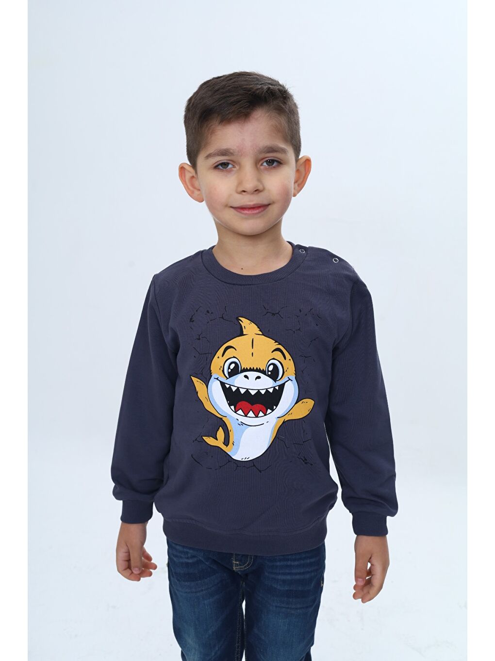 Gri Erkek Çocuk Çıtçıtlı Köpek Balığı Baskılı Sweatshirt