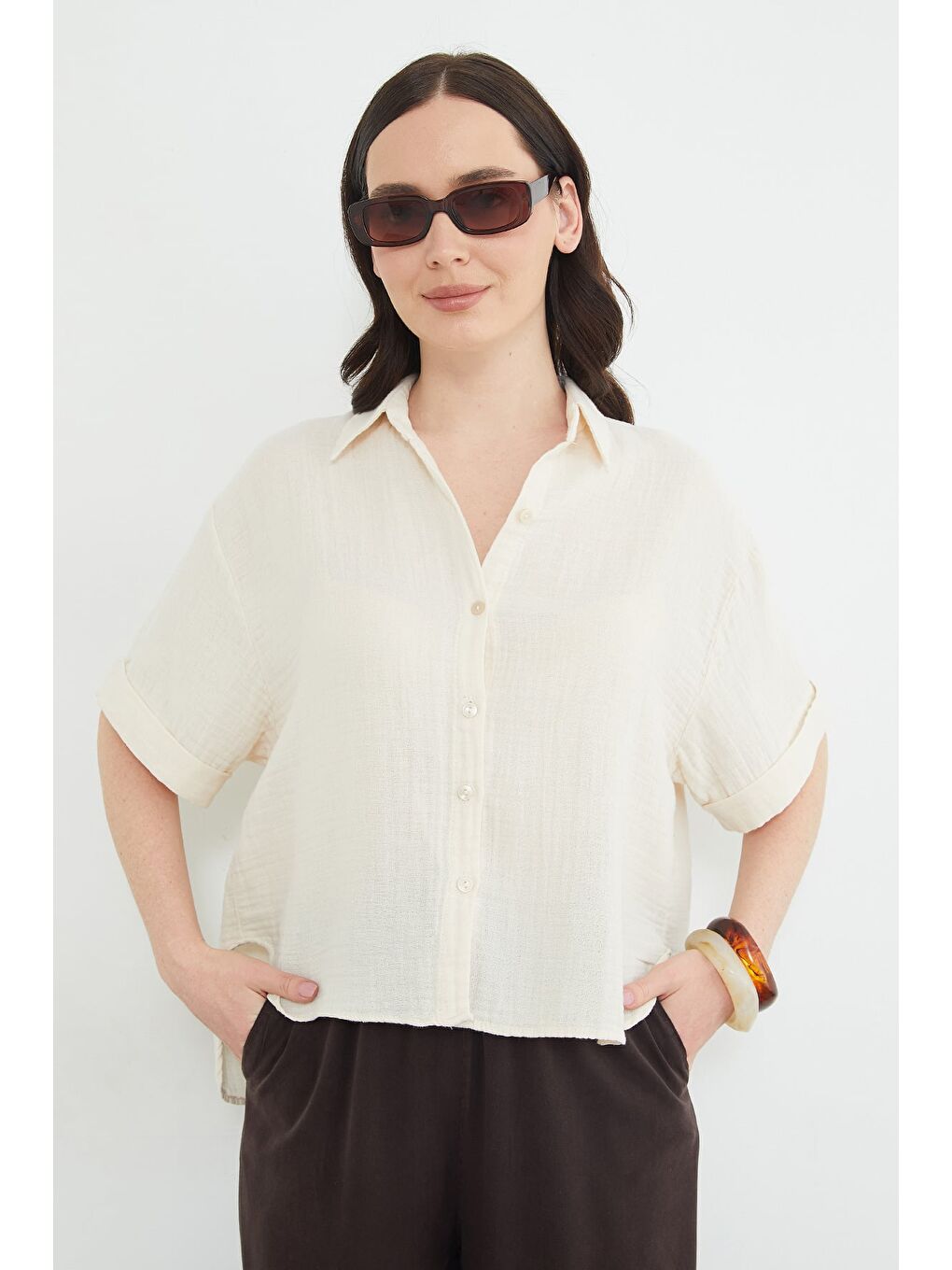 Bej Basic Kolu Katlı Müslin Kumaş Salaş Gömlek-1