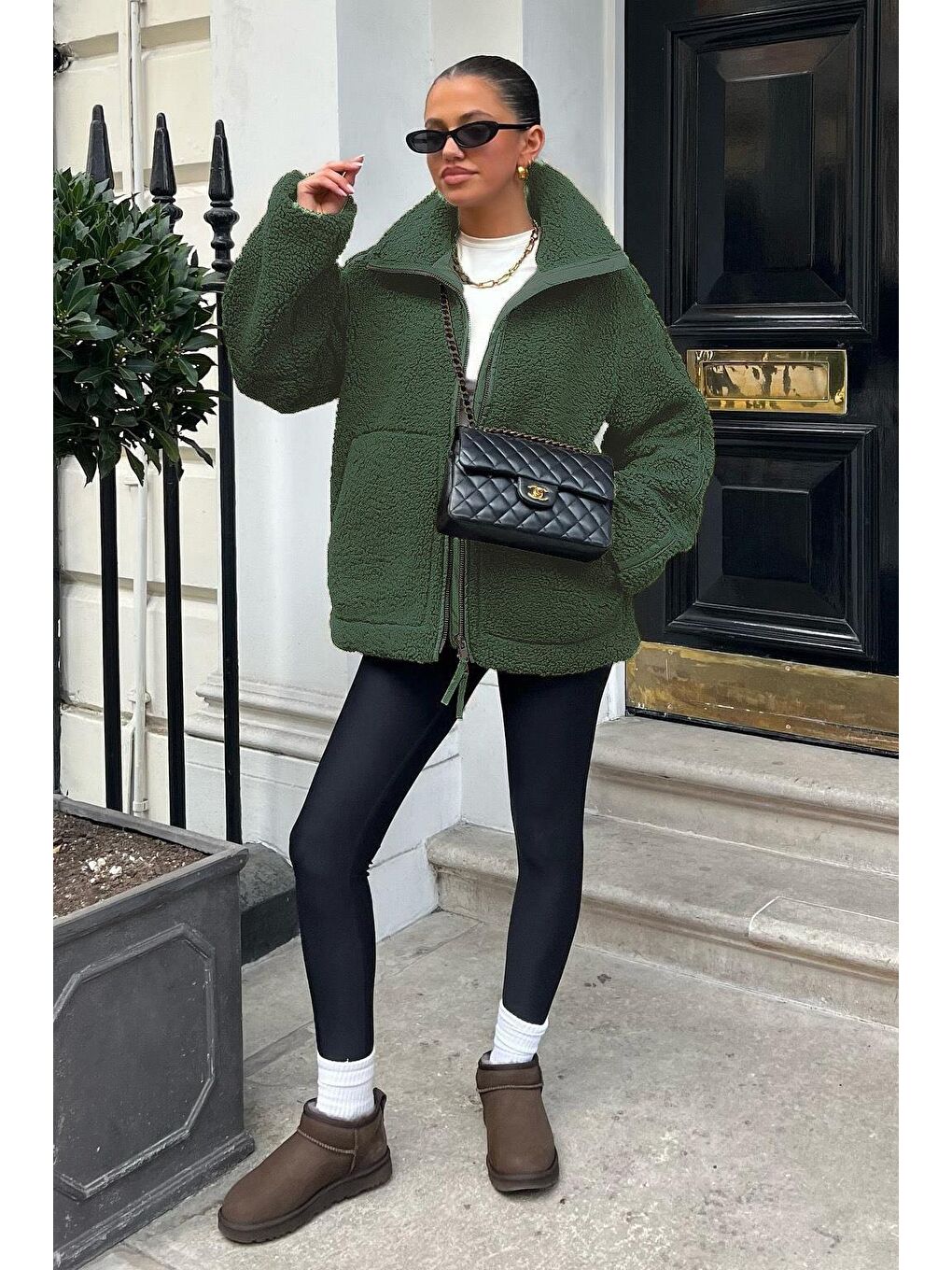 Haki Dik Yakalı Cepli Pelüş Mont Mg1966